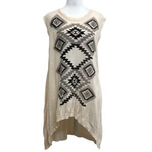 Lanvie Cream Cotton & Linen Southwestern Print Sleeveless Knit High Low Tunic